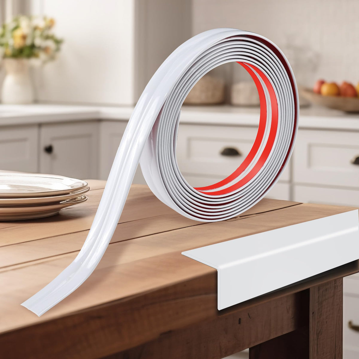 Kikerike corner protector with peel-and-stick white finish protects furniture edges.