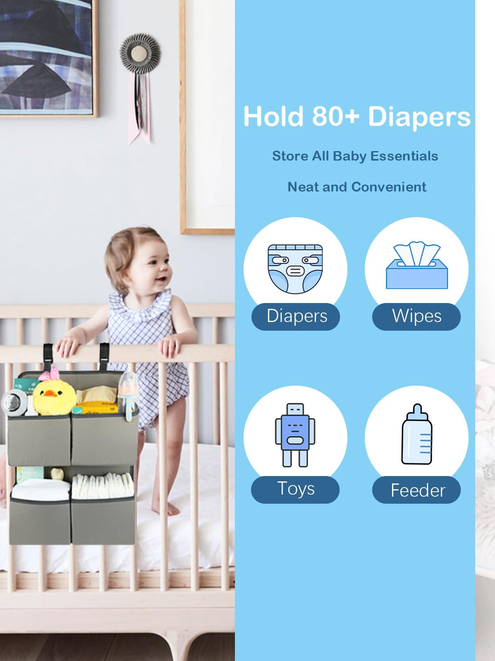 KIKJOK diaper organizer for crib playpen stores diapers and wipes in organized zones.