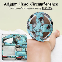 Kimitimi head protector with Velcro closure demonstrates a secure, adjustable fit for babies.