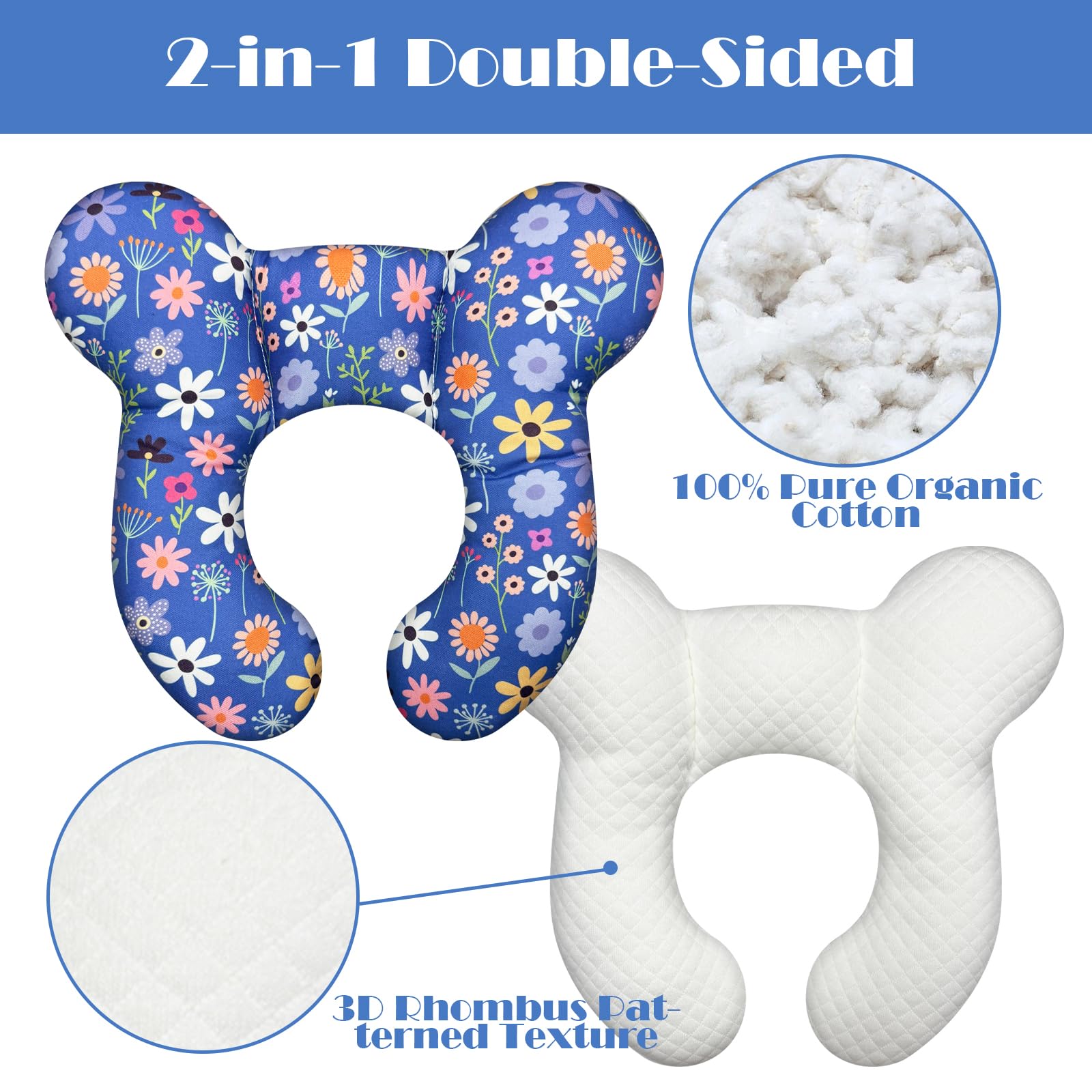 Kimitimi flower-d pillow side view shows ergonomic neck support for kids.