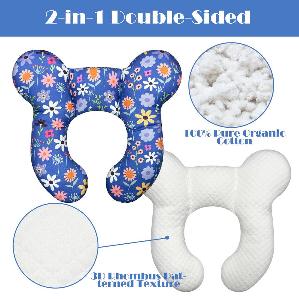 Kimitimi flower-d pillow side view shows ergonomic neck support for kids.