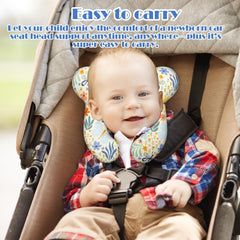 Kimitimi kids travel pillow in car seat showing ergonomic neck alignment.