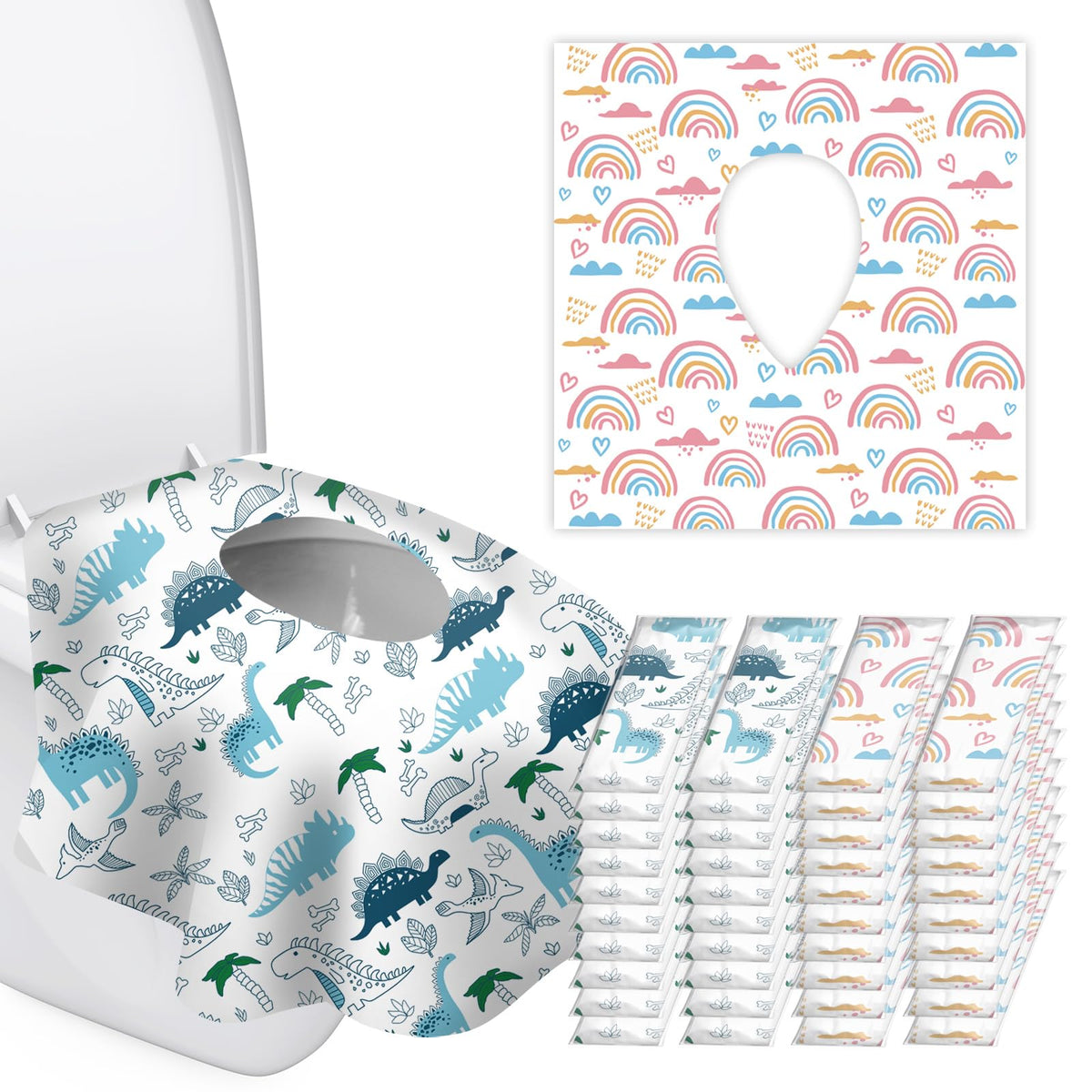 Kimitimi toilet seat covers, individually wrapped, convenient for quick, hygienic use while traveling.