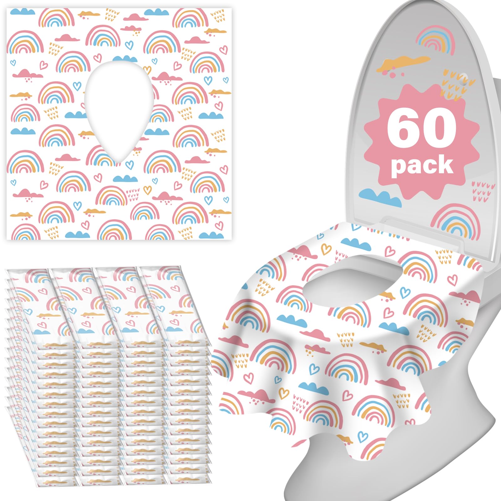 Kimitimi toilet seat covers with rainbow pattern for kid-friendly bathroom hygiene