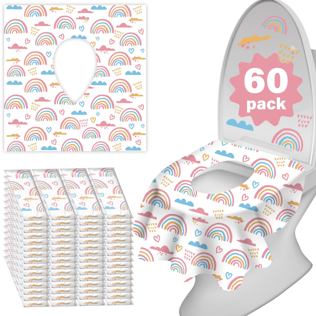 Kimitimi toilet seat covers with rainbow pattern for kid-friendly bathroom hygiene