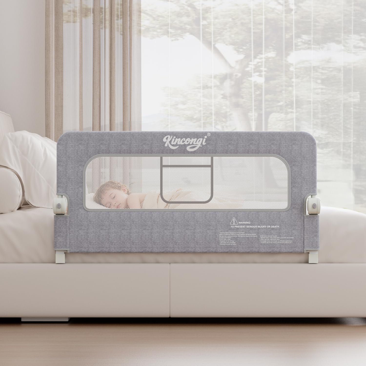 Kincongi bed rail base under mattress showing secure anchoring for a toddler bed