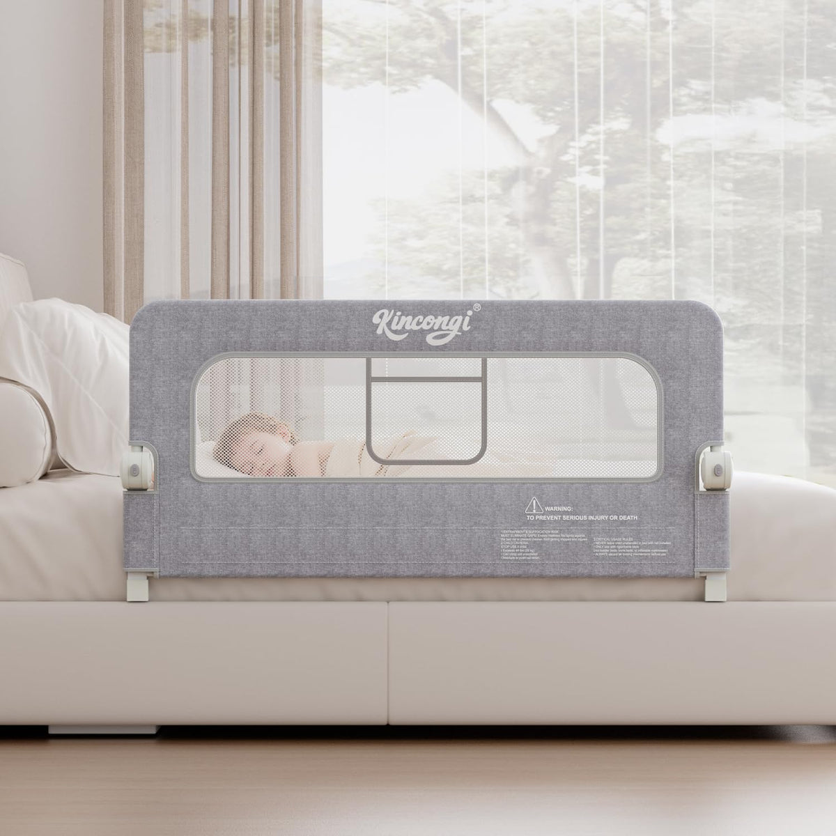 Kincongi bed rail base under mattress showing secure anchoring for a toddler bed