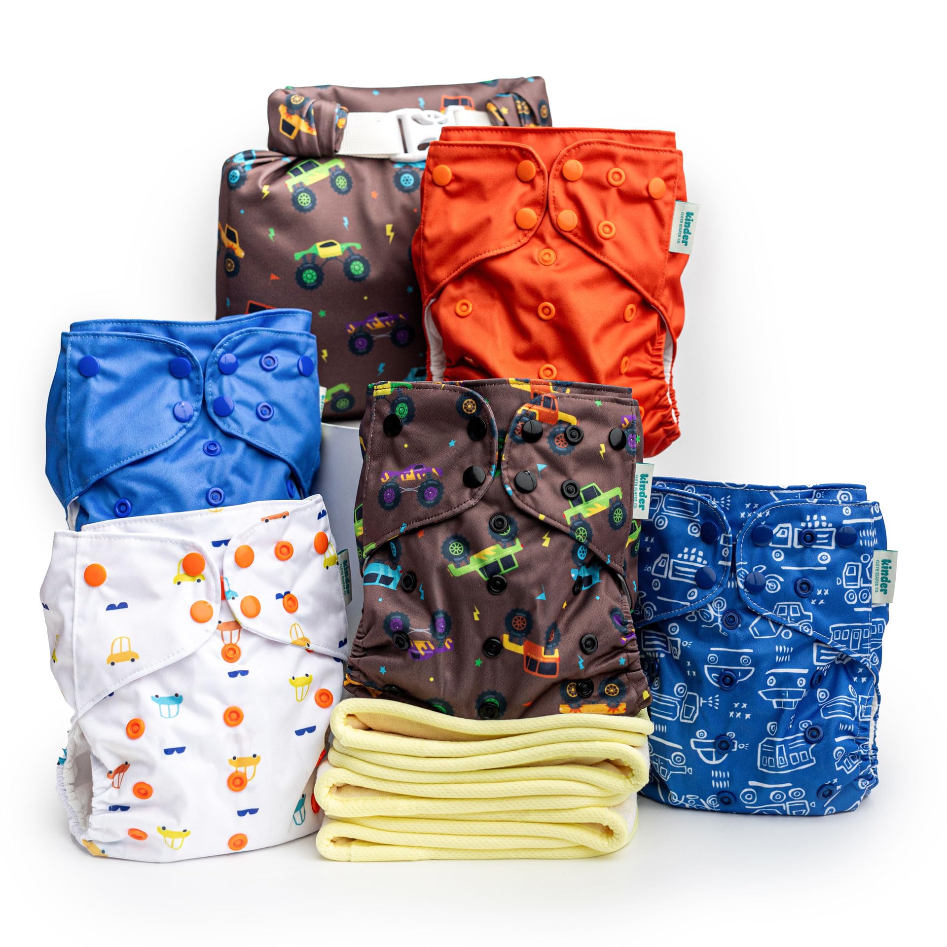 Kinder pocket diapers five-pack front view showing adjustable fit for growing babies.