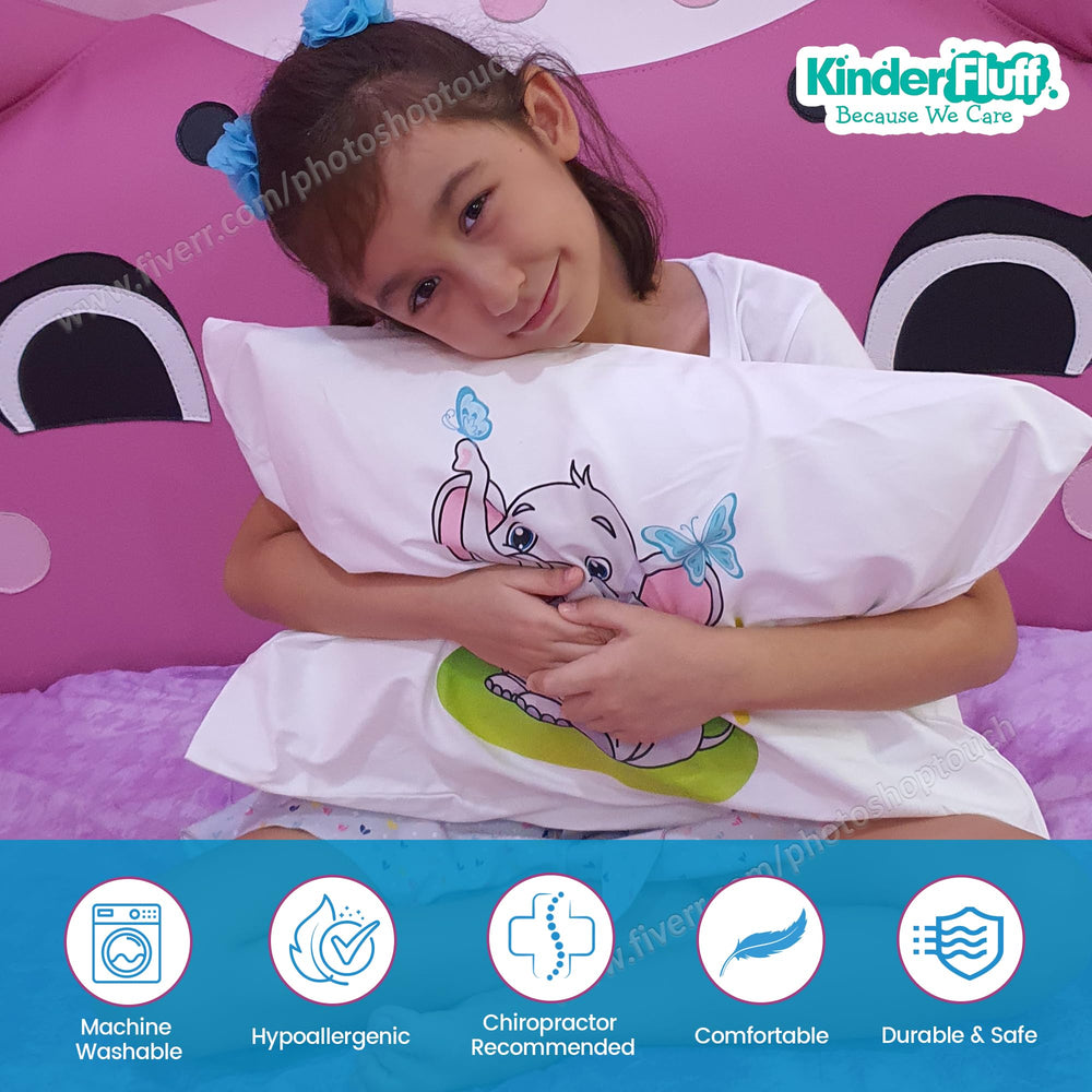 Kinder Fluff bright printed pillowcase enhances any kid's bed décor.