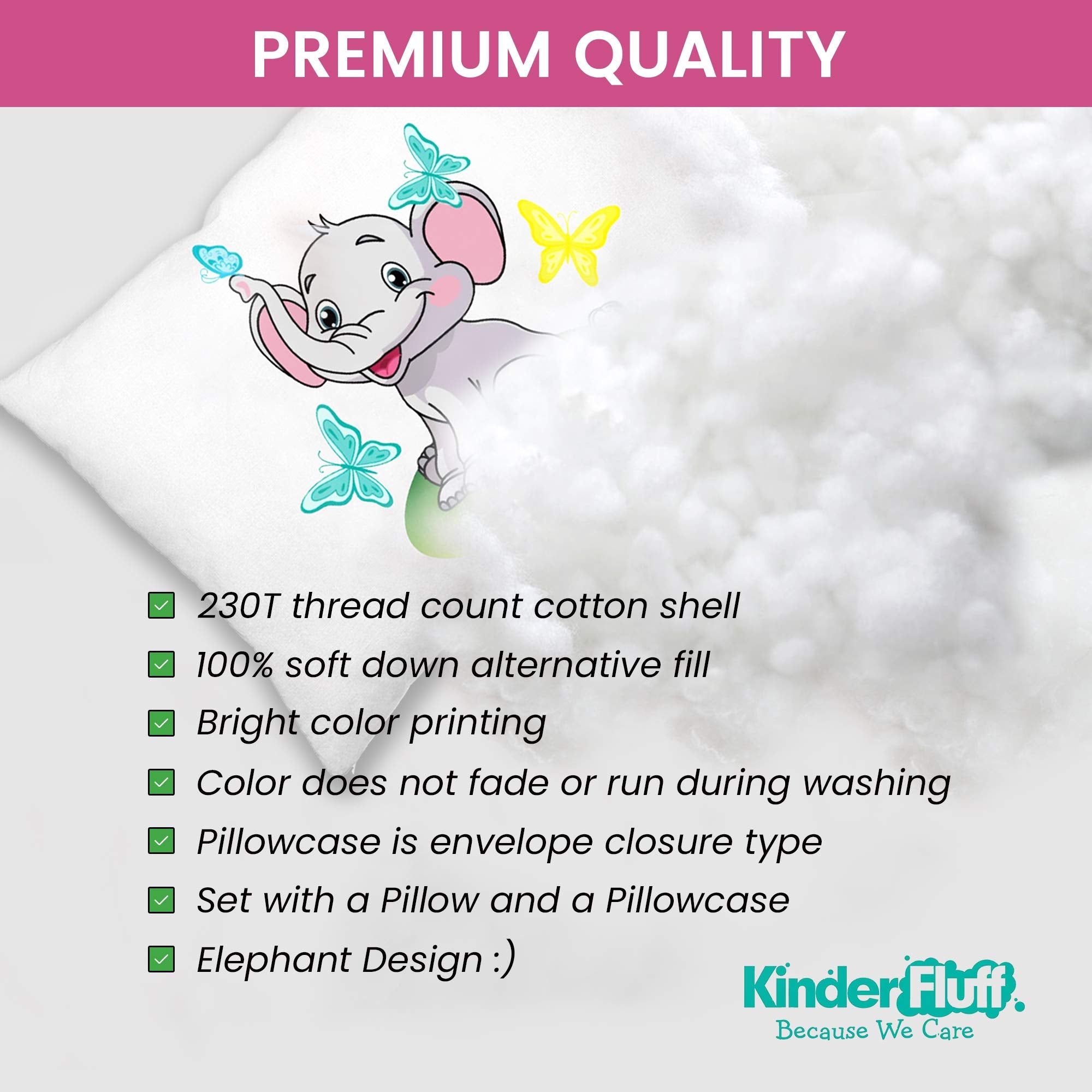 Kinder Fluff easy-care pillow set helps keep cleanup quick for families.