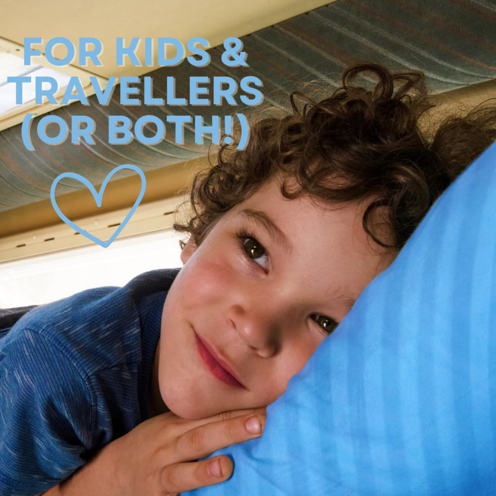 Kinder Fluff side view blue pillow showcases compact support for small sleepers