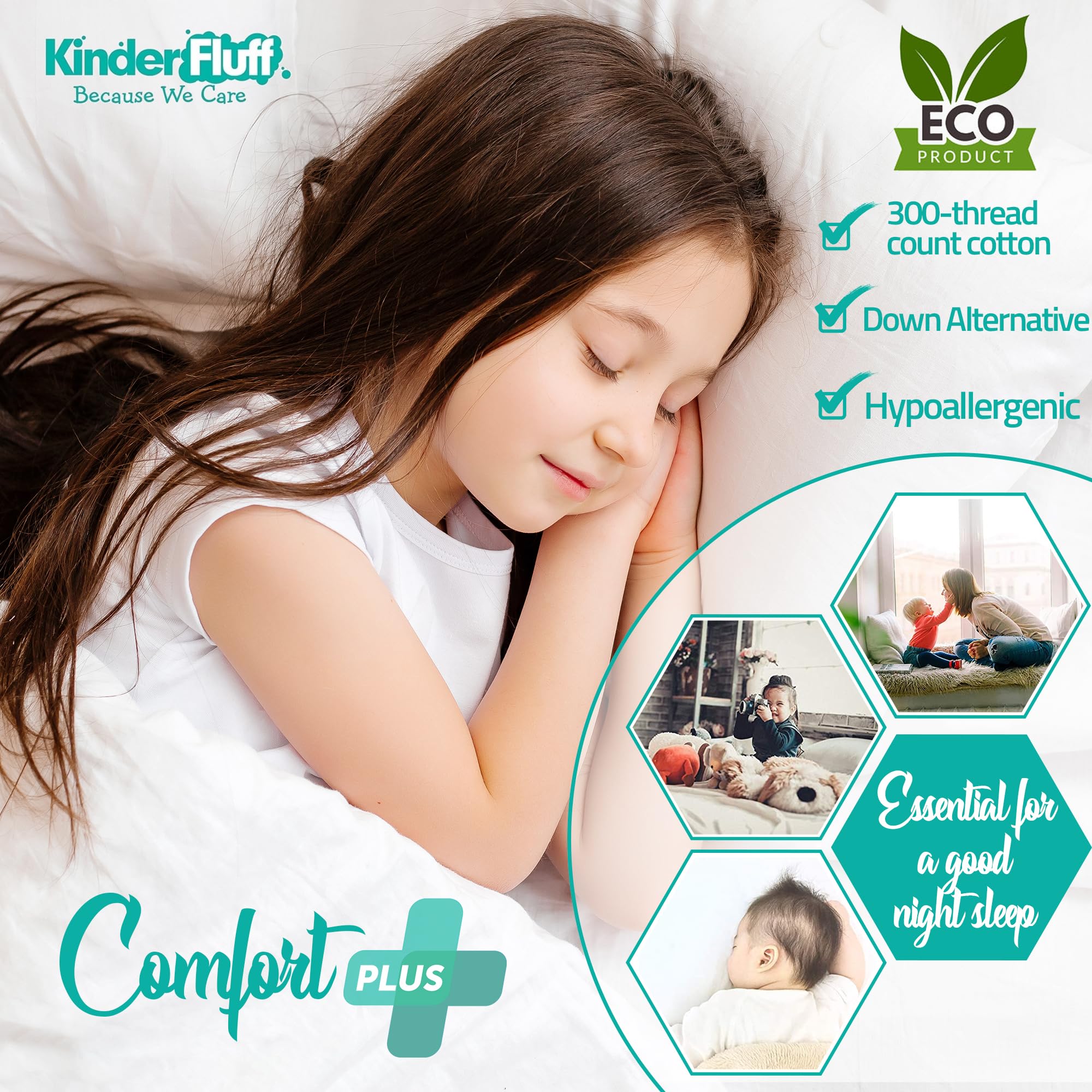 Kinder Fluff down-alternative fill emphasizing plush, animal-friendly comfort