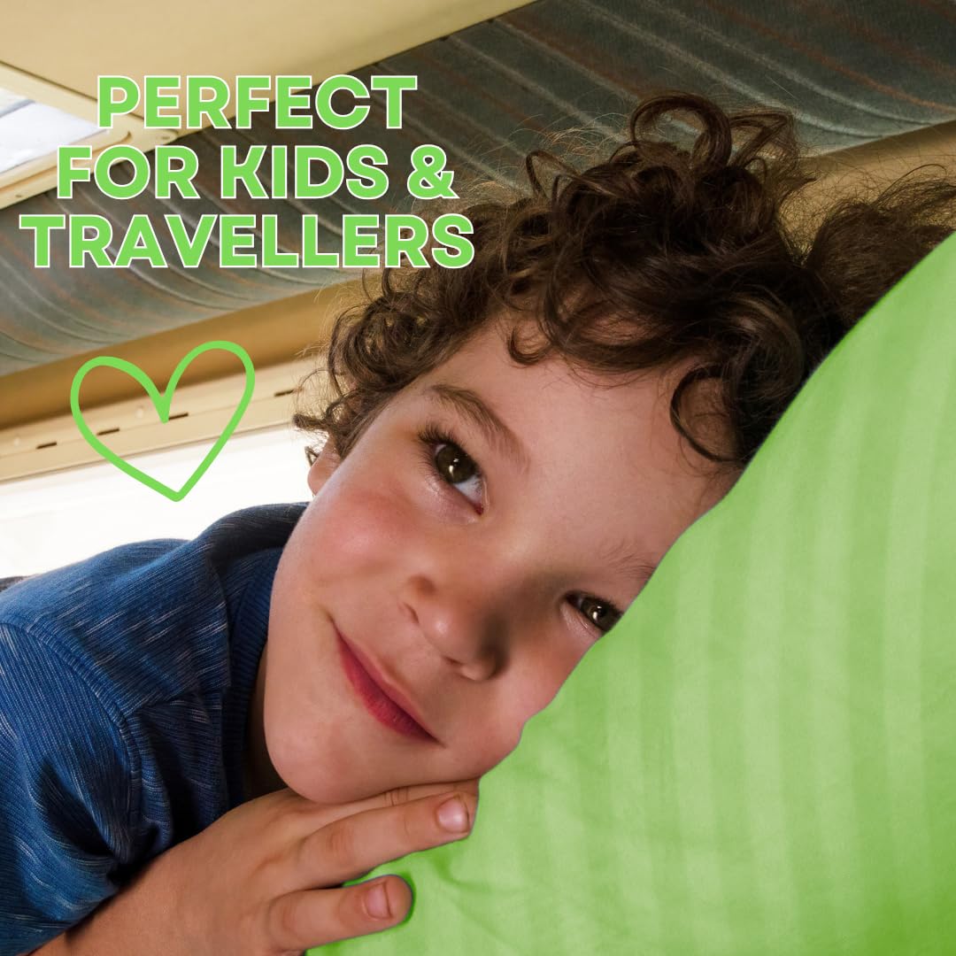 Close-up of green sateen stripe detail on Kinder Fluff pillow cover.