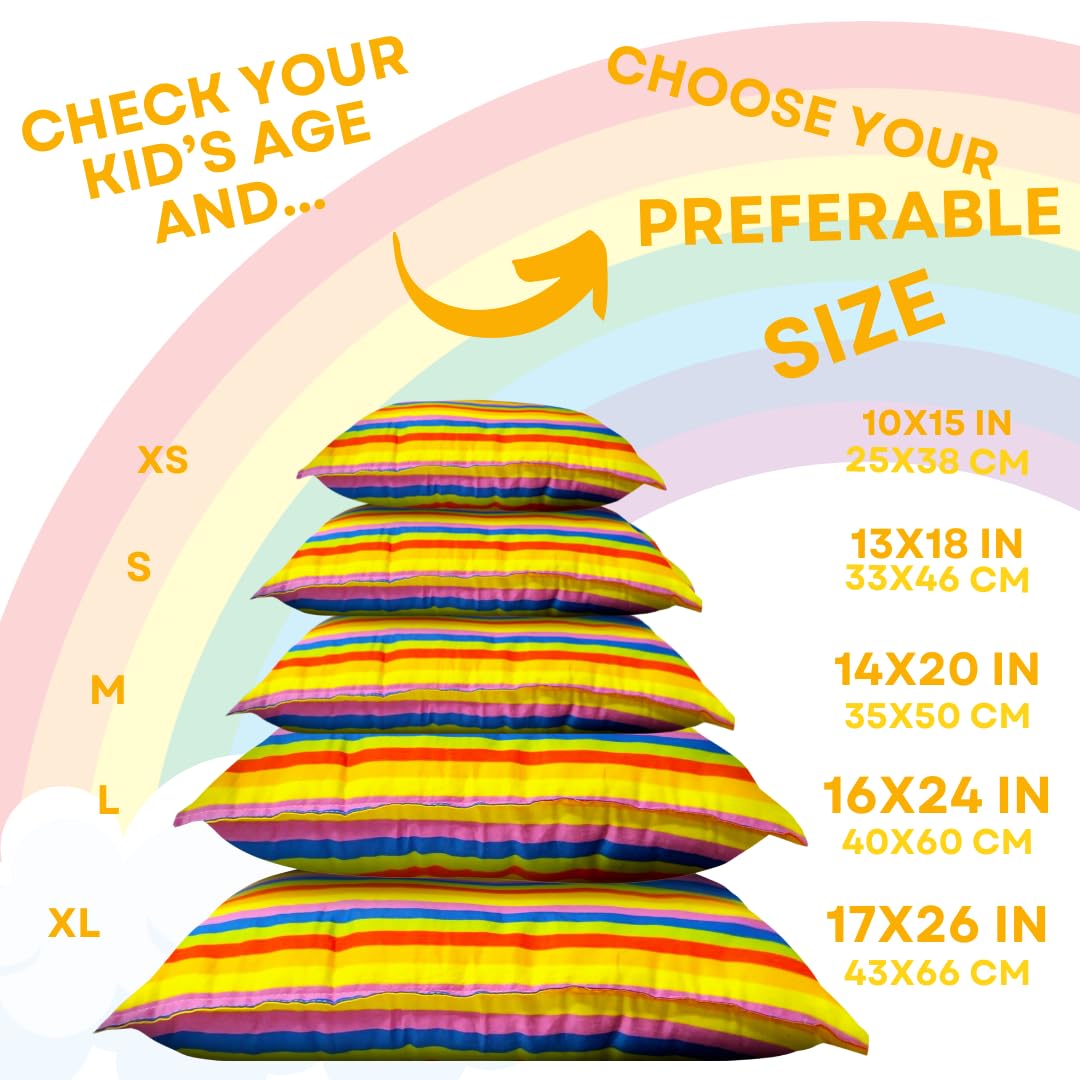 Kinder Fluff kids at bedtime with rainbow design for comfort.