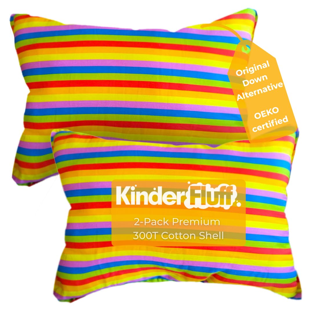 Kinder Fluff mini toddler pillow rainbow design for cozy bedtime routines.