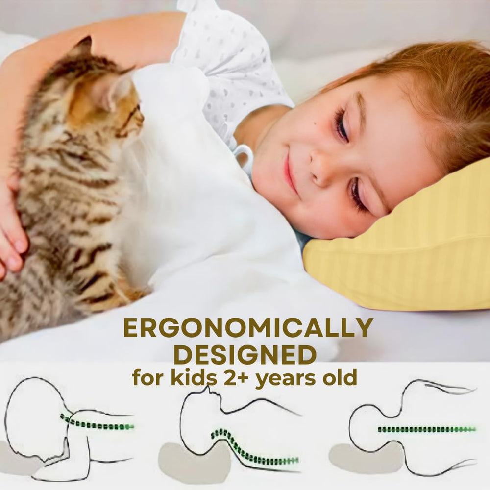 Kinder Fluff mini pillow 2-pack yellow stripe side view highlights cheerful nursery design.