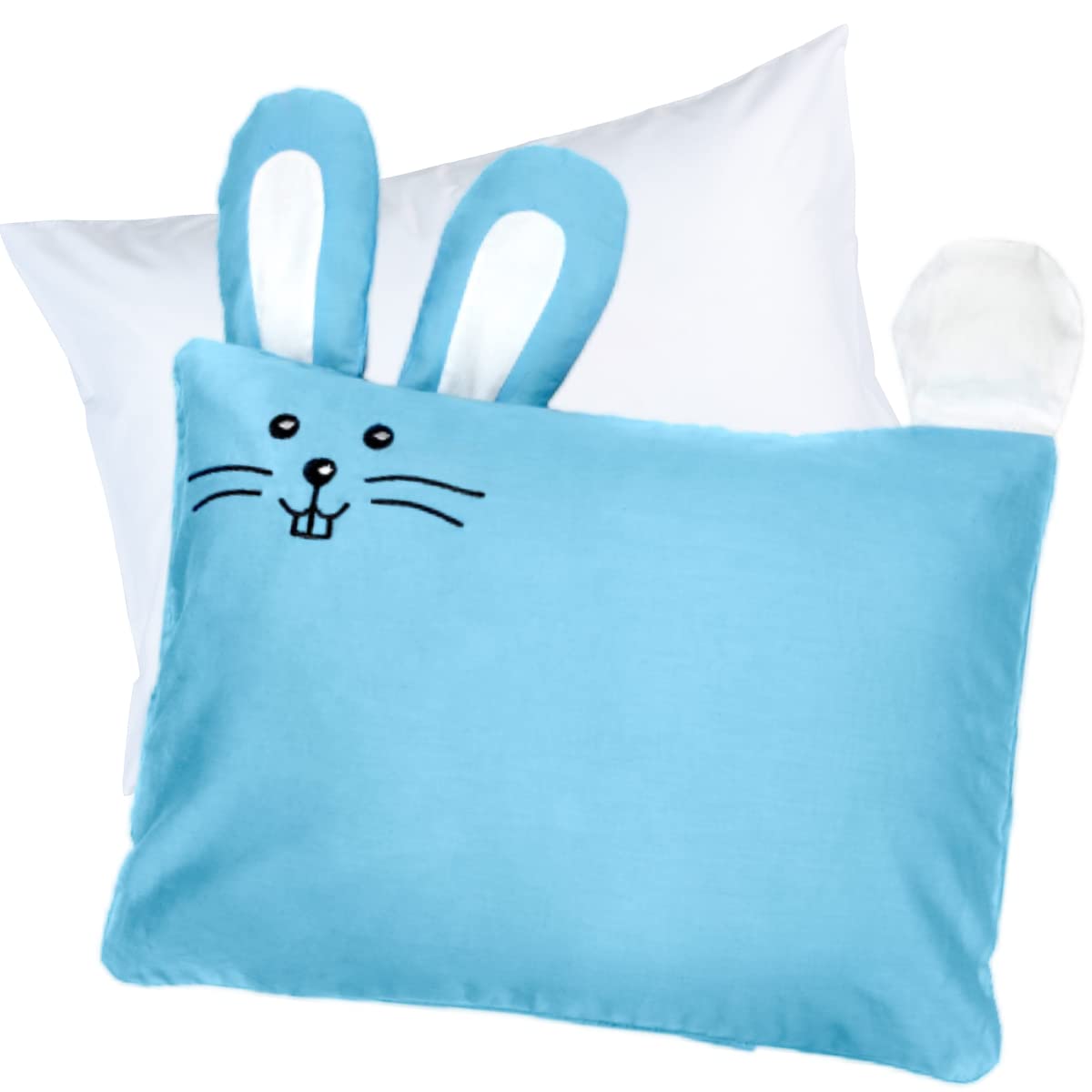 Kinder Fluff packaging shows the toddler pillow set in blue and white, ready for unboxing.
