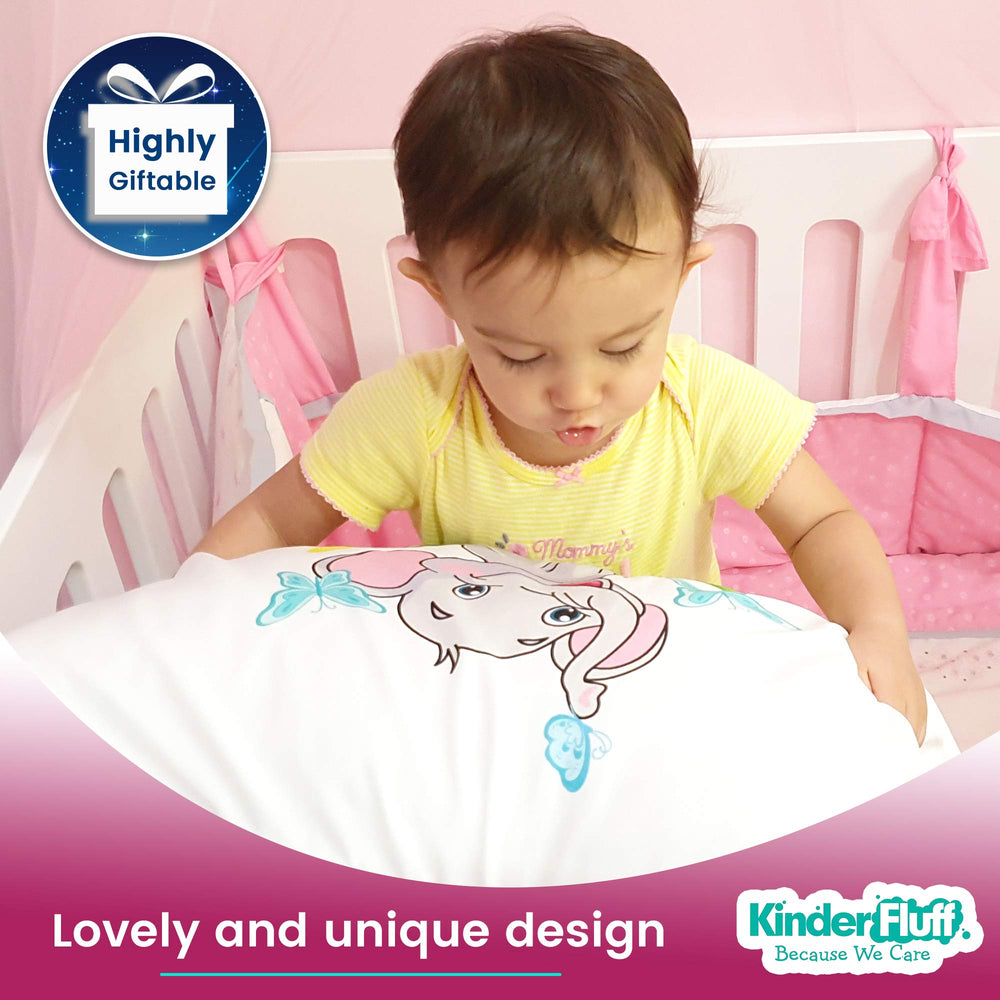 Kinder Fluff pillowcase featuring elephant design for bright, fade-resistant prints.