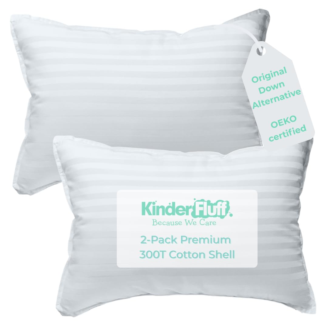 Kinder Fluff toddler pillow 2-pack front view shows compact 10x15 inch size for small beds.