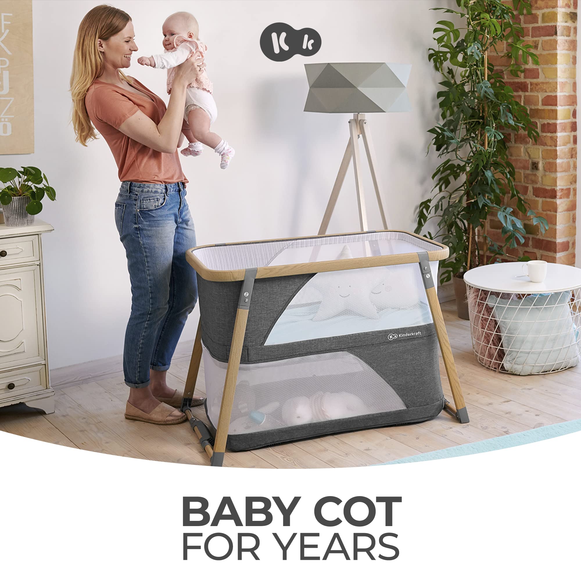 Kinderkraft Sofi 4-in-1 design shown as crib, playpen, and travel cot