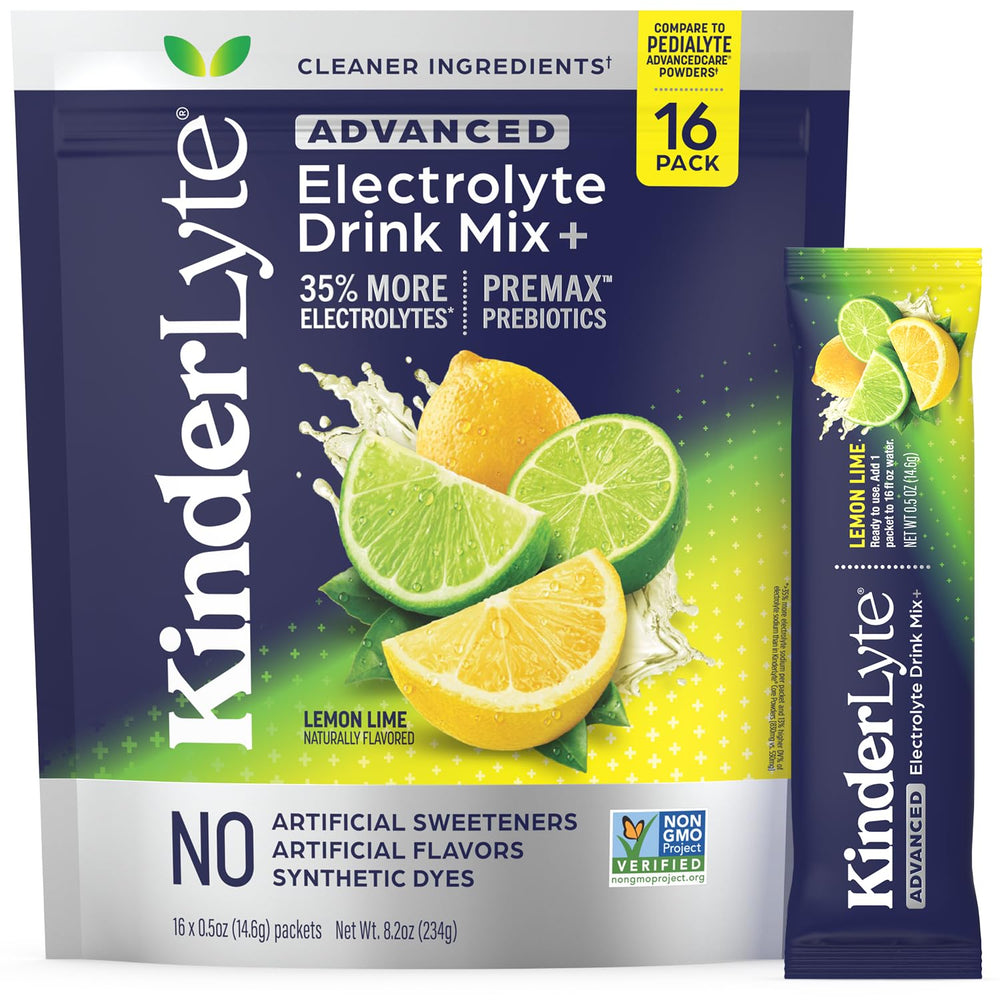 KinderLyte Advanced hydration lemon lime packet ready to mix into water for quick hydration