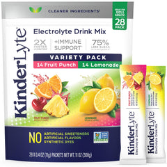 KinderLyte variety-pack 28-count box front for flexible hydration on the go.