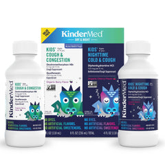 KinderMed Day Cough bottle shows child-friendly formula for daytime use and mucus loosening.