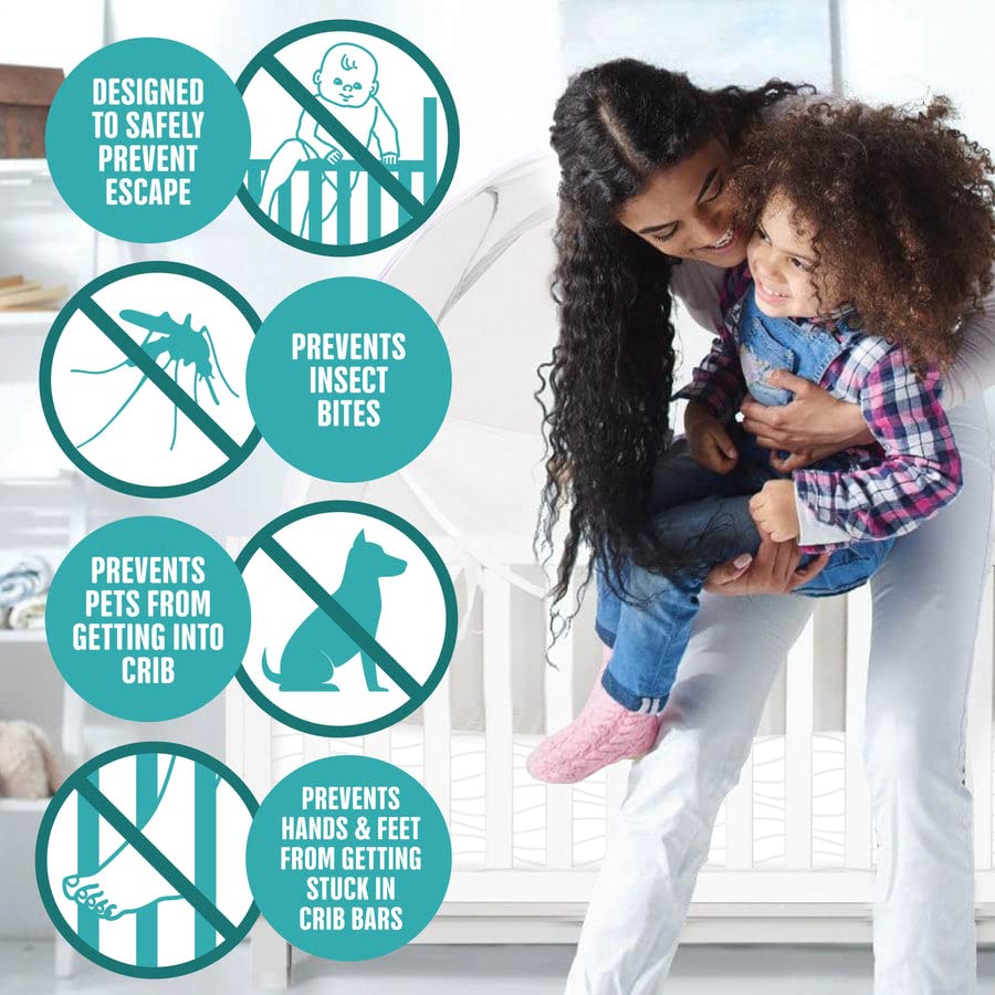 KinderSense mosquito net attachment to crib tent for insect protection.
