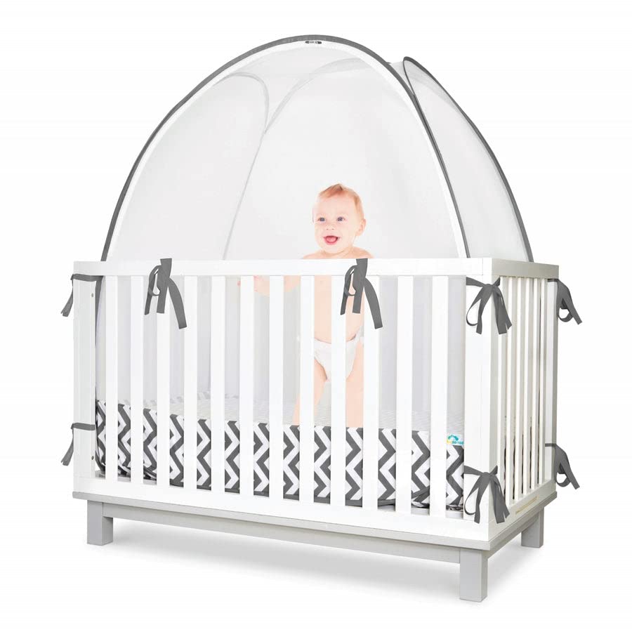 KinderSense crib tent see-through mesh on crib improves visibility at nap time.