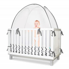 KinderSense crib tent see-through mesh on crib improves visibility at nap time.