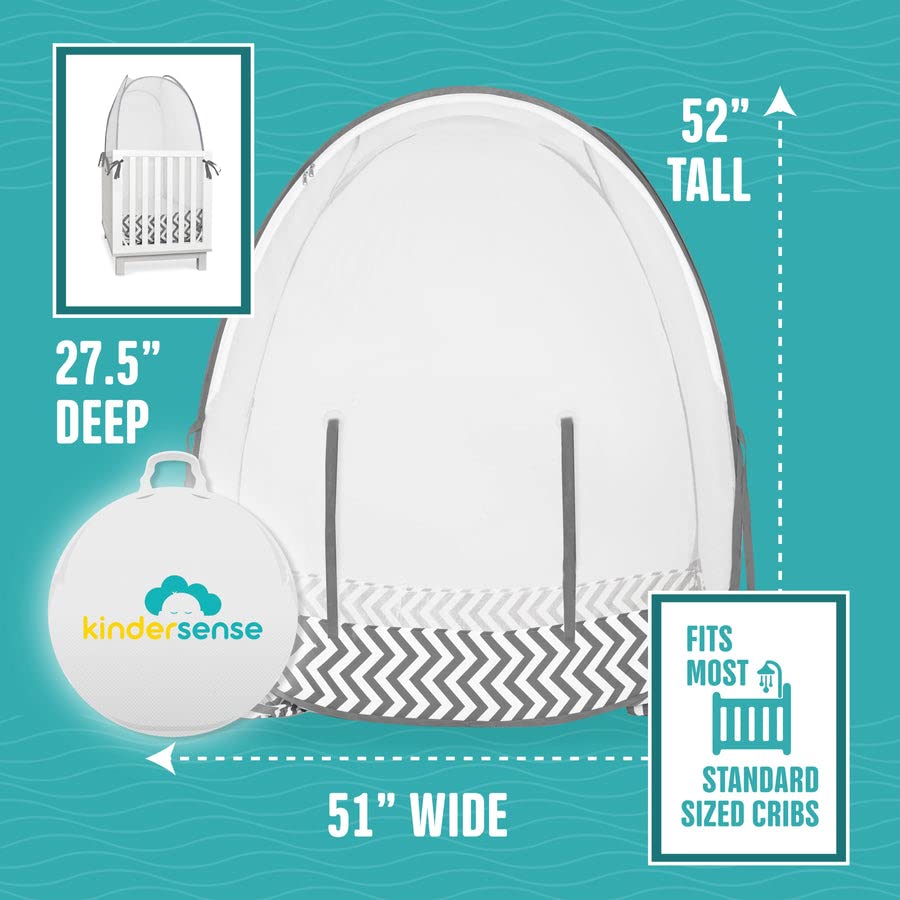 KinderSense universal-fit crib tent adapts to most crib styles.