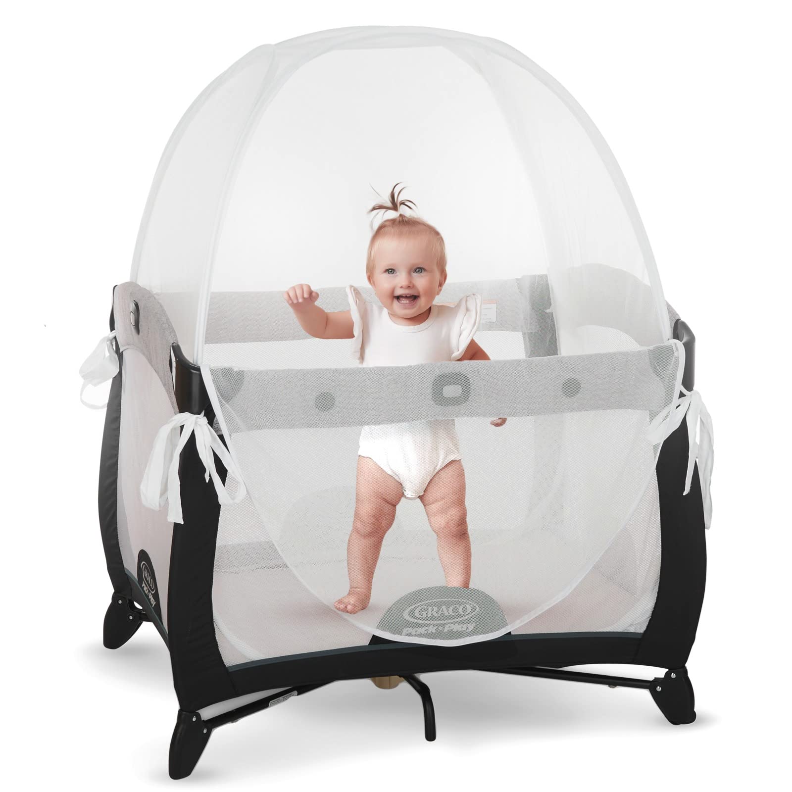 Kindersense Pack N Play Tent over a playpen with a clear, breathable mesh top for safe supervision.