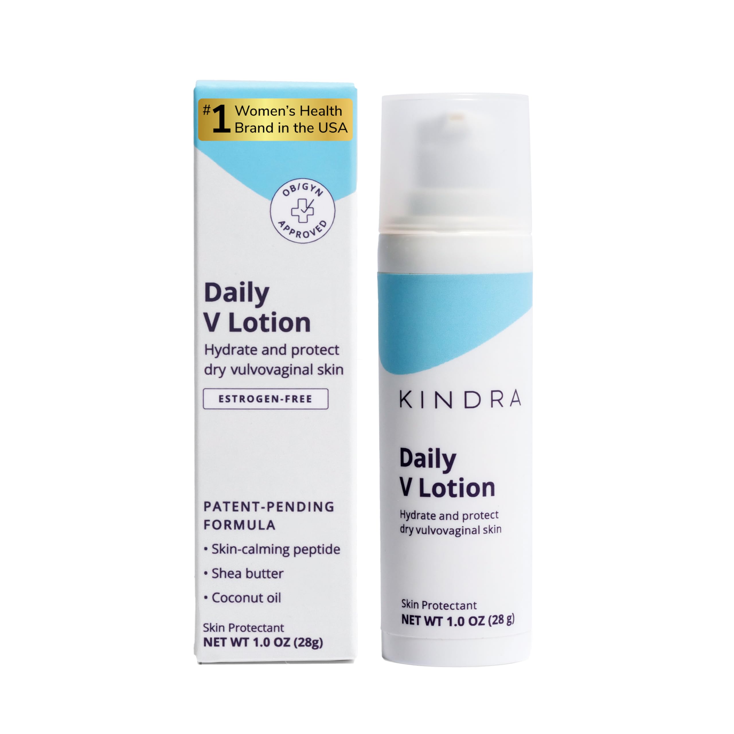 Kindra Daily V Moisturizer Lotion bottle highlights deep hydration for vaginal comfort.