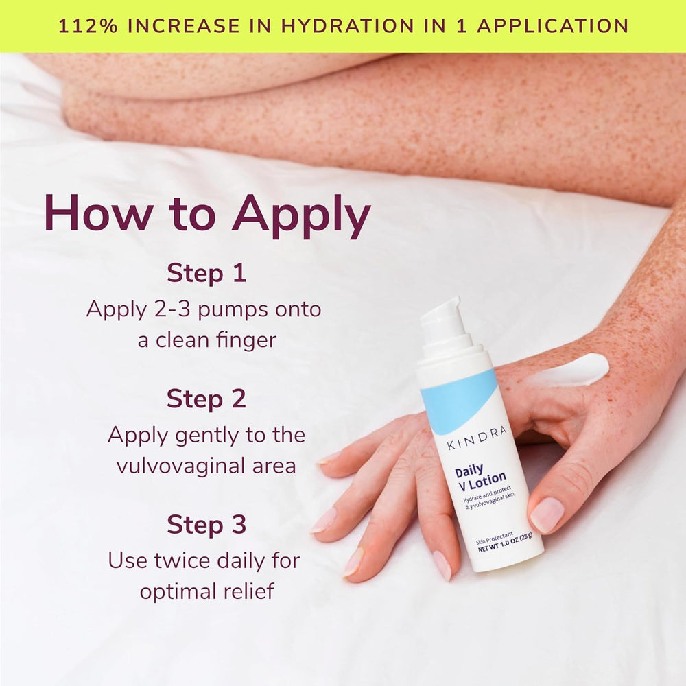Creamy texture with vitamin E, shea butter, and hyaluronic acid in Kindra lotion.