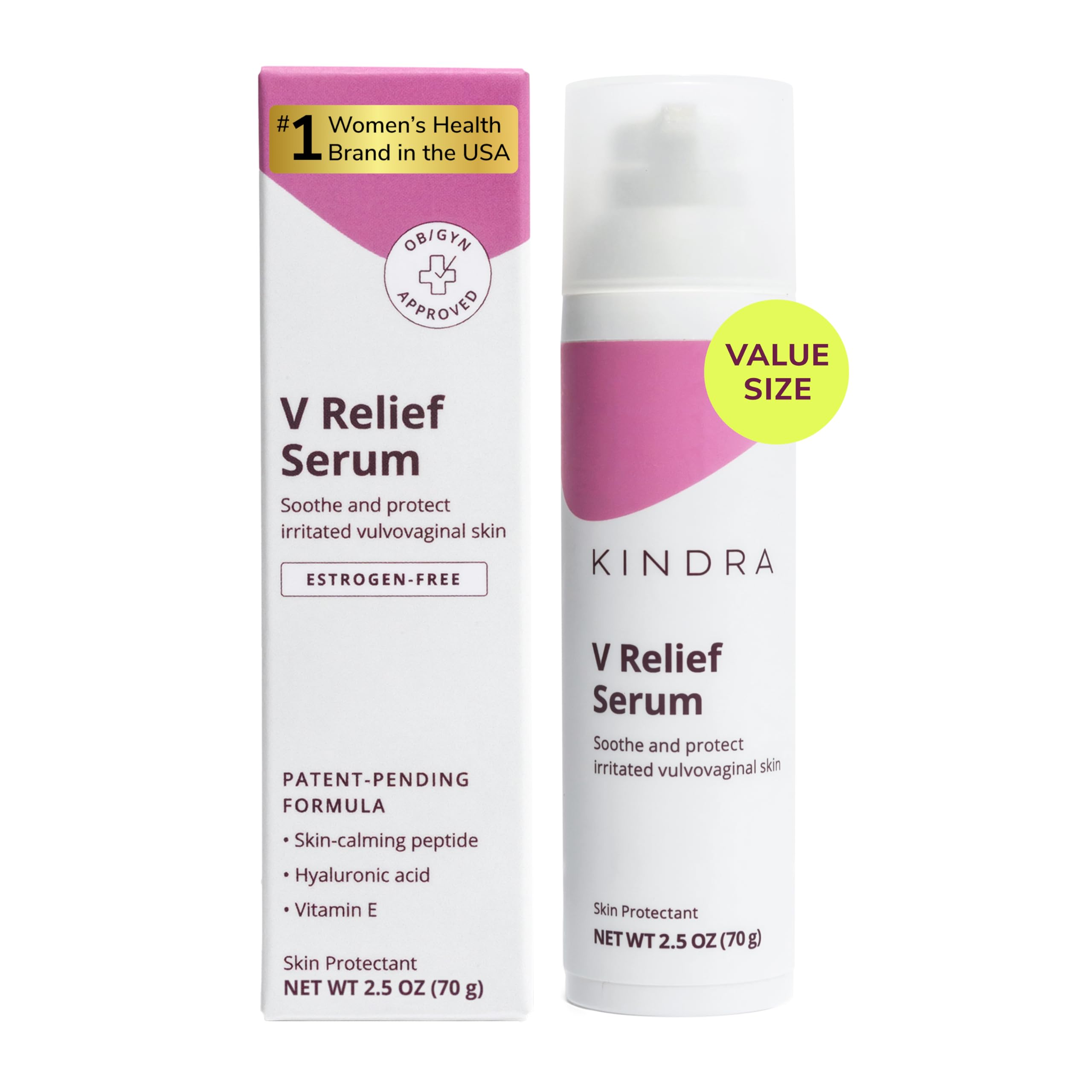 Kindra V Serum XL bottle front view showing premium hydration for sensitive vulvar skin