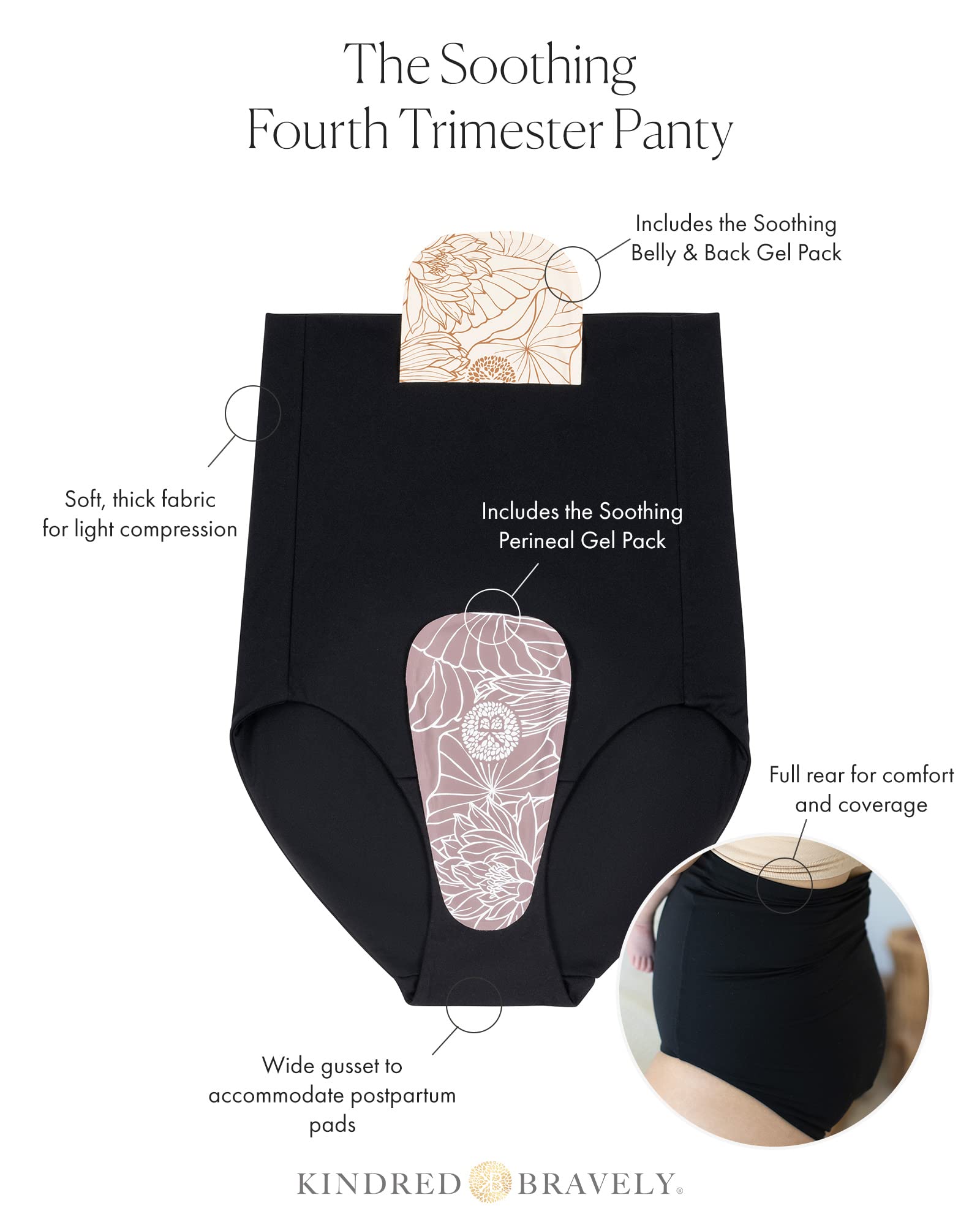 Kindred Bravely gel packs inside pockets for targeted warm or cool relief.