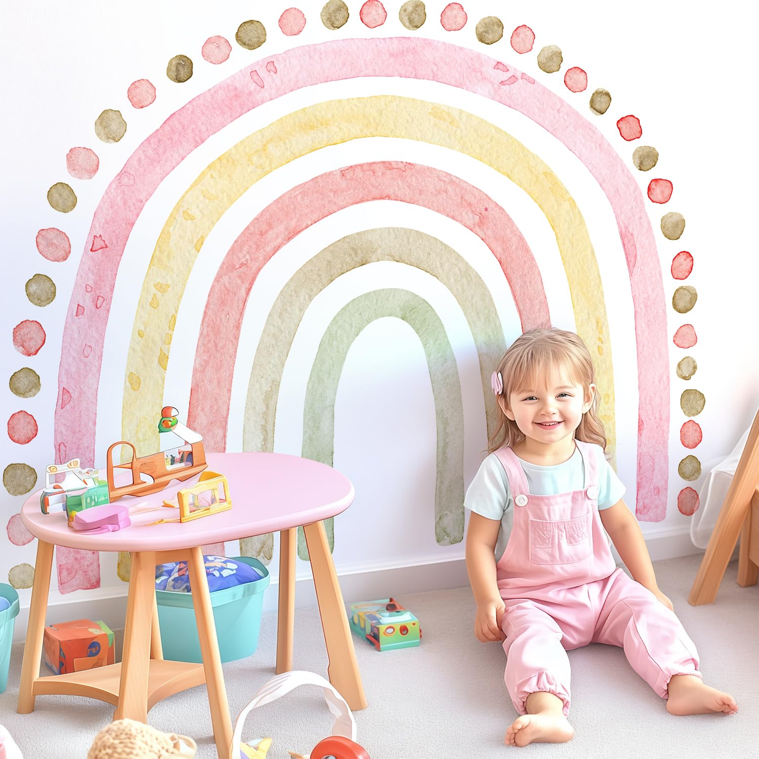 Kingarch large pink rainbow wall decal in a bright kids' room, catching soft light for a cheerful vibe.