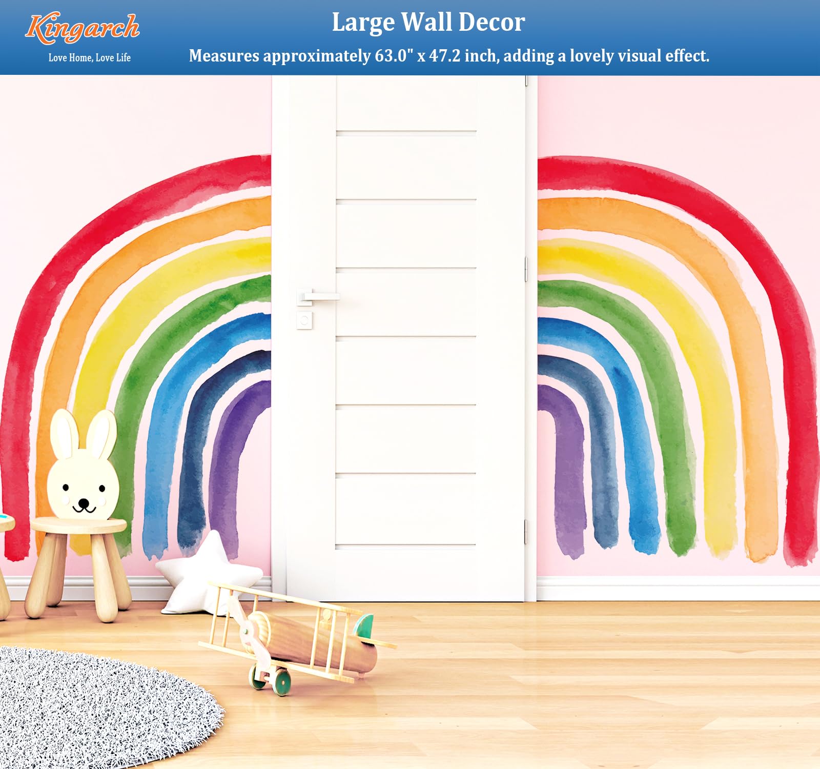 Kingarch Large Rainbow Mural suits living rooms and playrooms for a playful focal point.