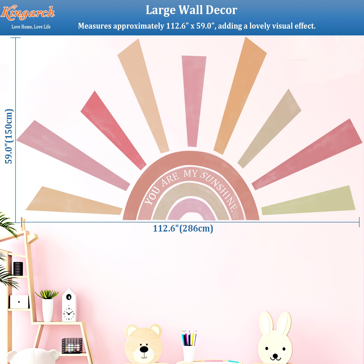 Kingarch Rainbow Sun Wall Decal fabric material ensures durable, premium feel.