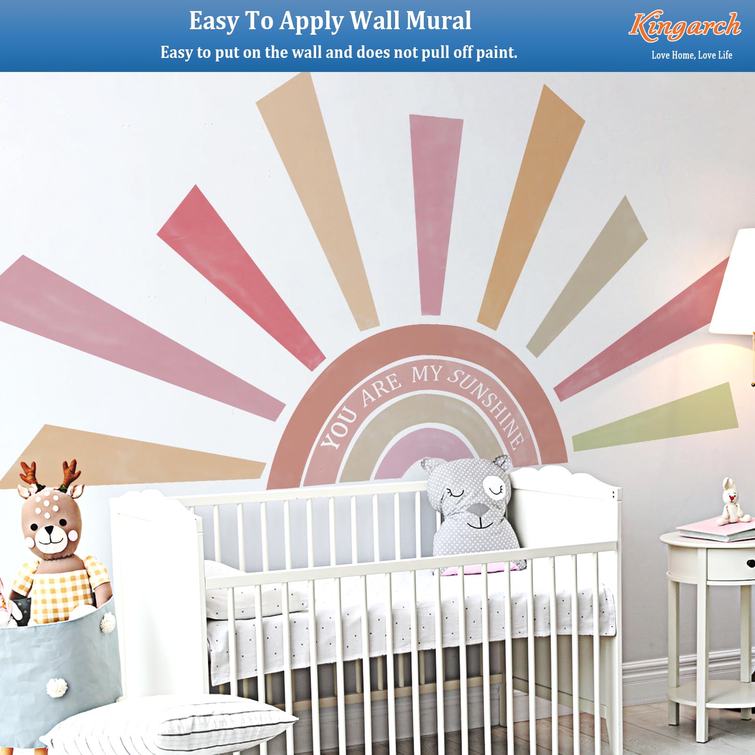 Kingarch Rainbow Sun Wall Decal in nursery ambience sparks cheerful mood.
