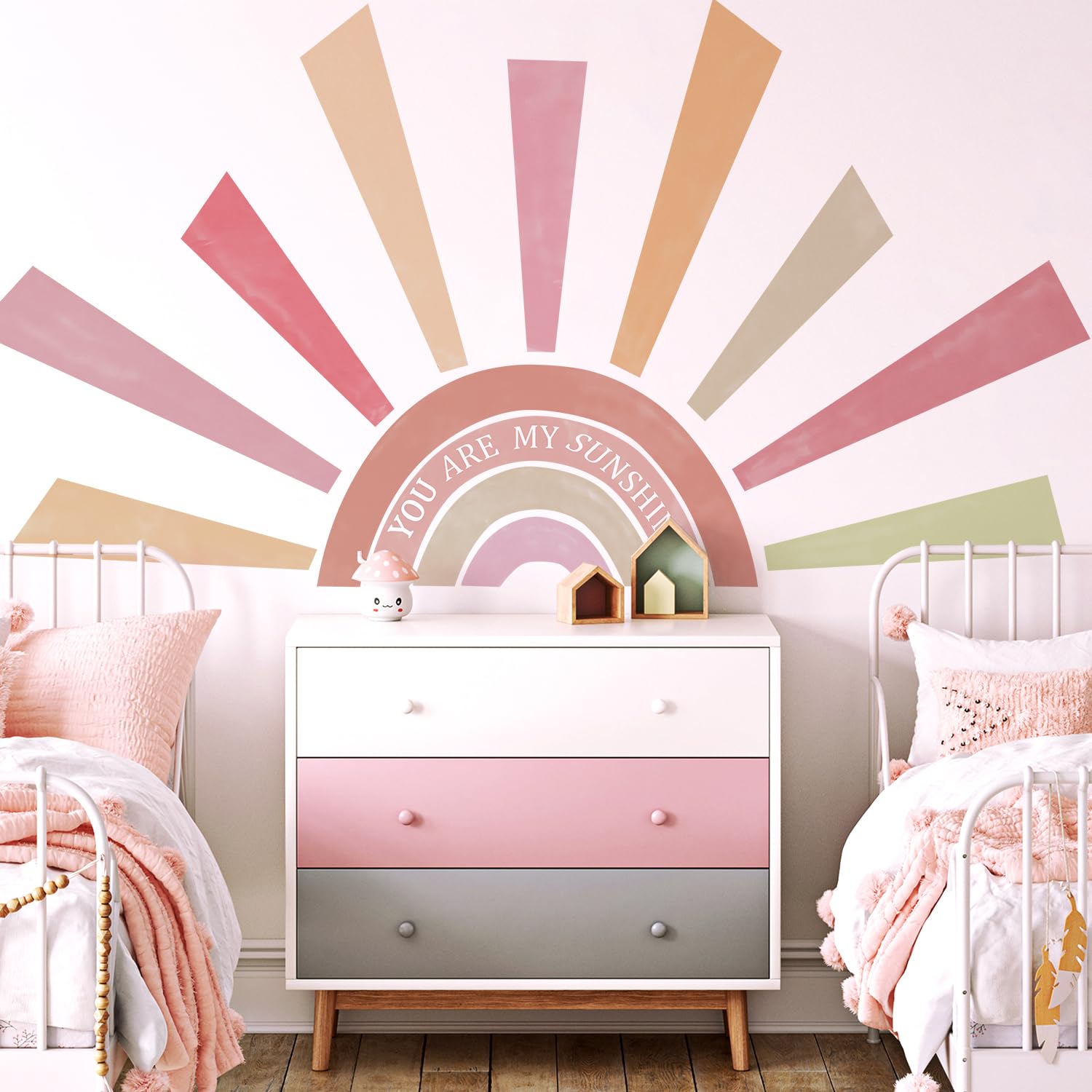 Kingarch Rainbow Sun Wall Decal large size measures 112.6 by 59 inches.