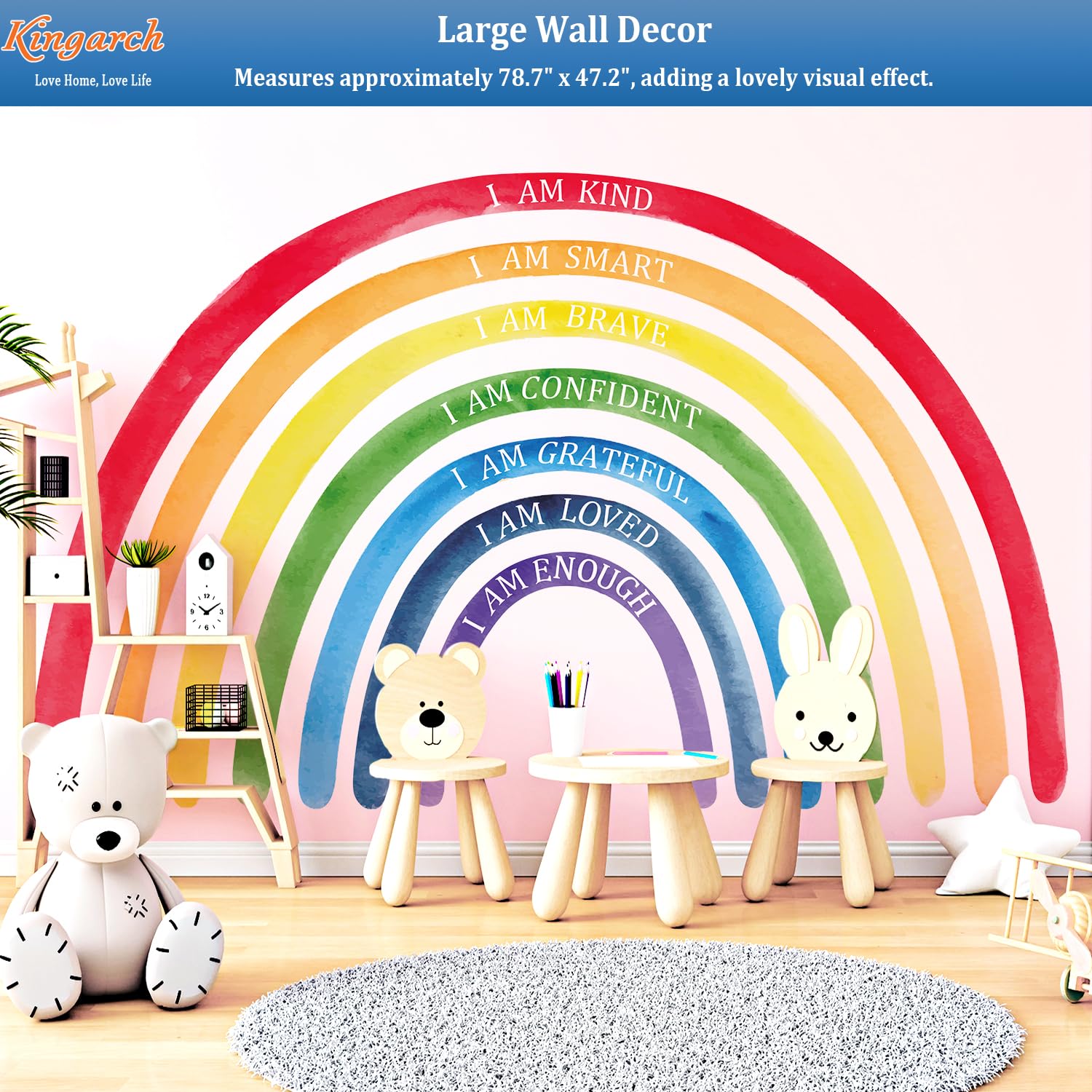 Kingarch rainbow wall decal adhesive back ensures easy repositioning on smooth walls