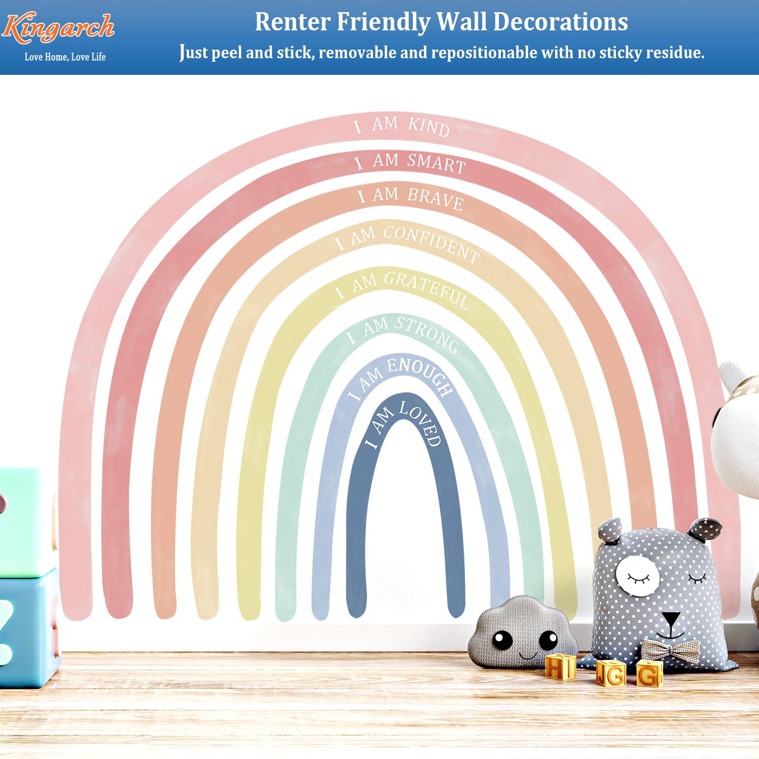 Kingarch rainbow wall decal assembly guide demonstrates easy alignment