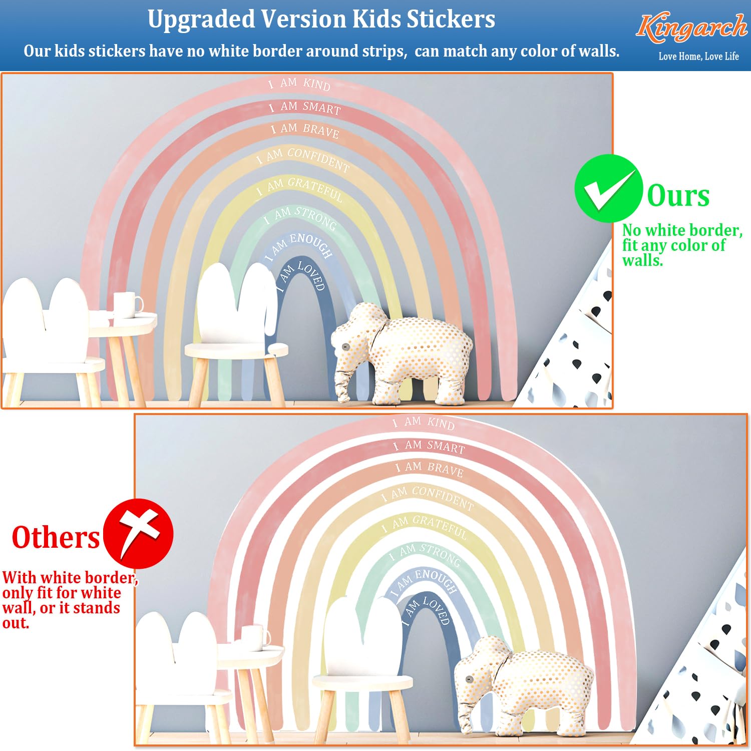 Kingarch rainbow wall decal closeup colors shows vivid hues