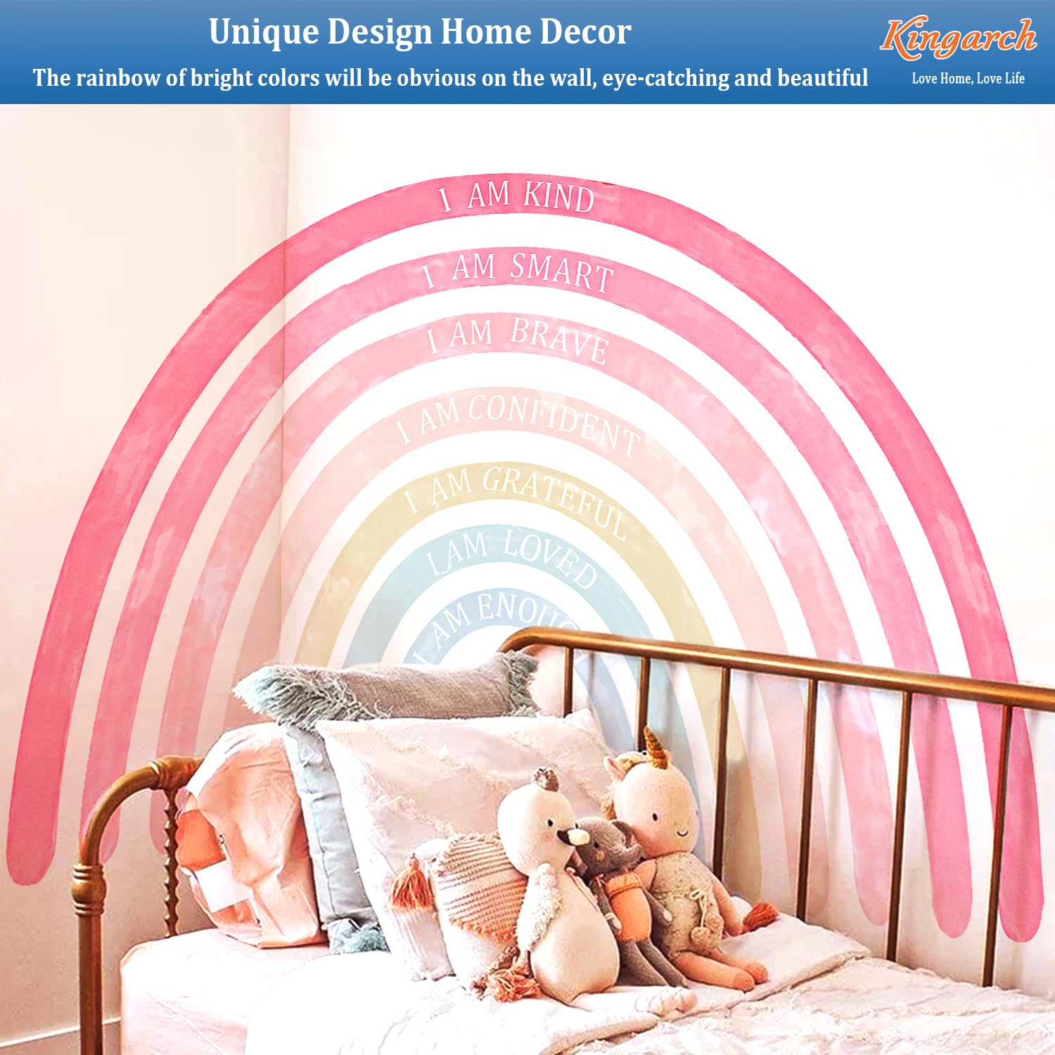 Kingarch rainbow wall decal closeup highlights watercolor tones and friendly mood.