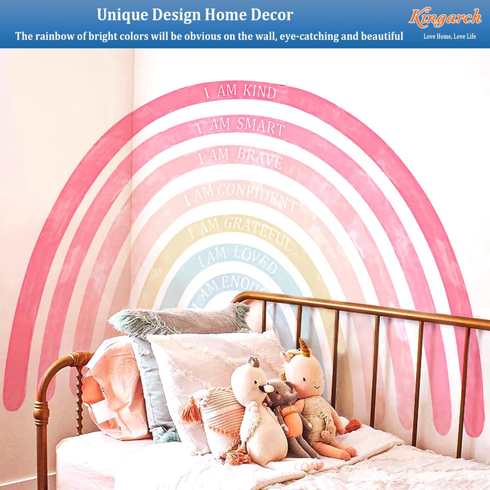 Kingarch rainbow wall decal closeup highlights watercolor tones and friendly mood.