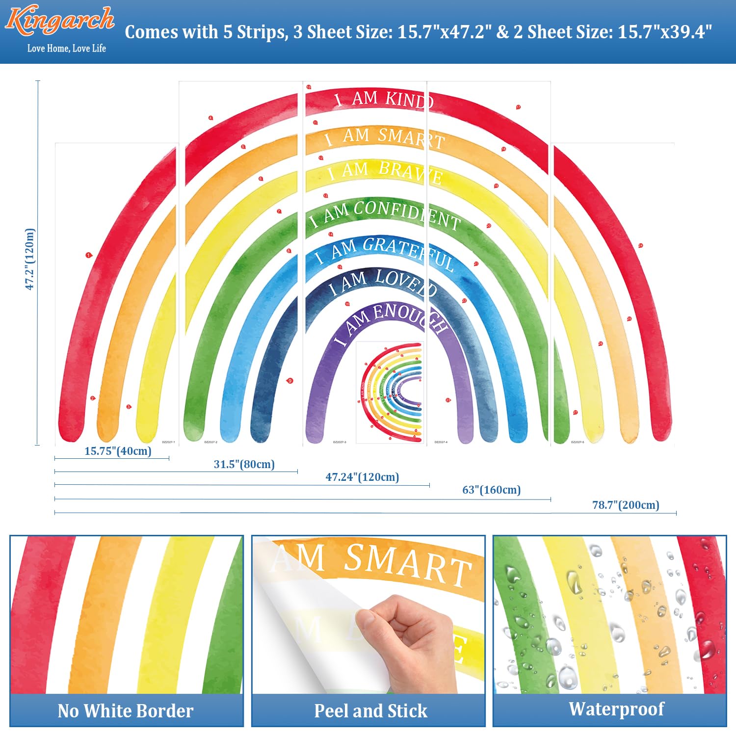 Kingarch rainbow wall decal fabric texture highlights premium reusable surface adhesion