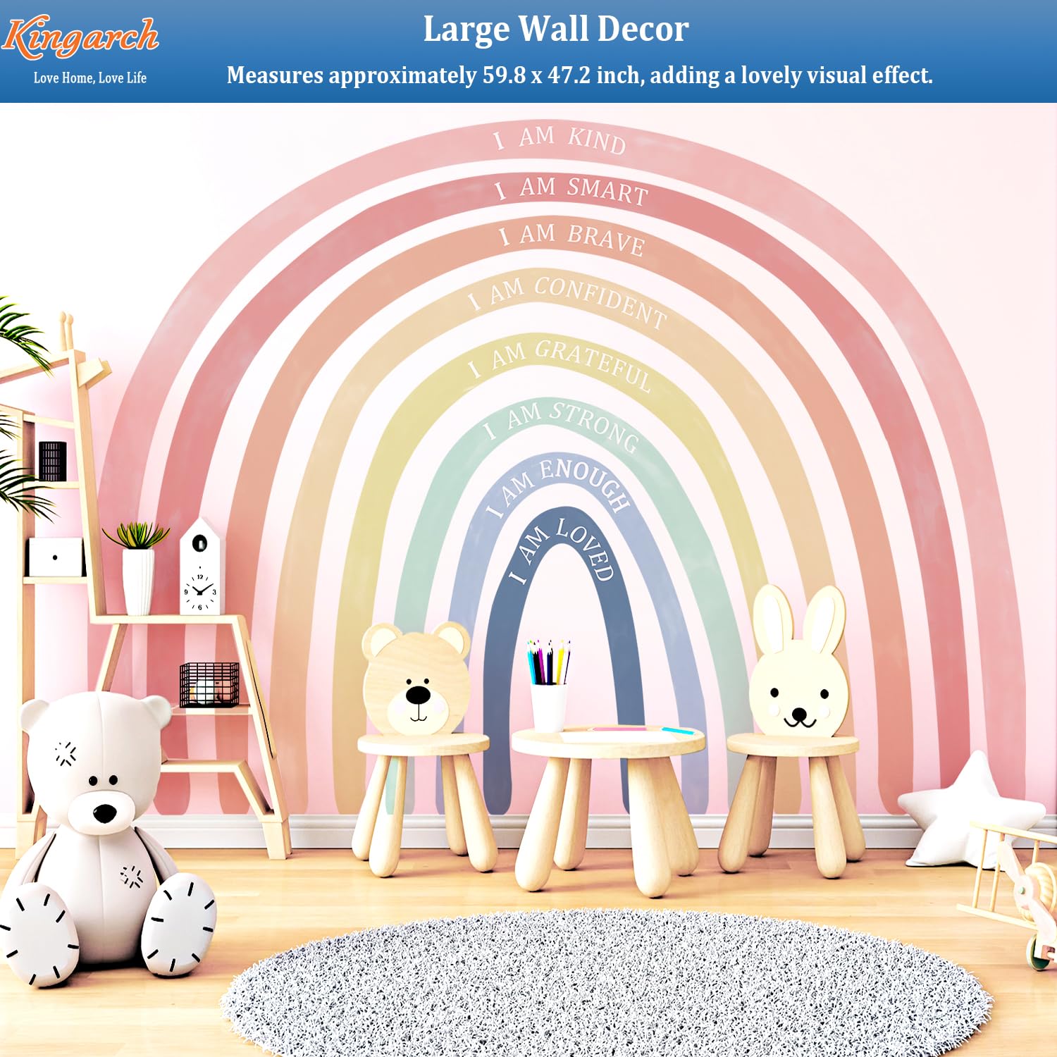 Kingarch rainbow wall decal four-panel setup on a smooth surface