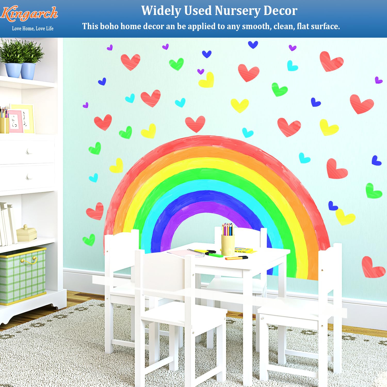 Kingarch rainbow wall decal in living room setting with bold color