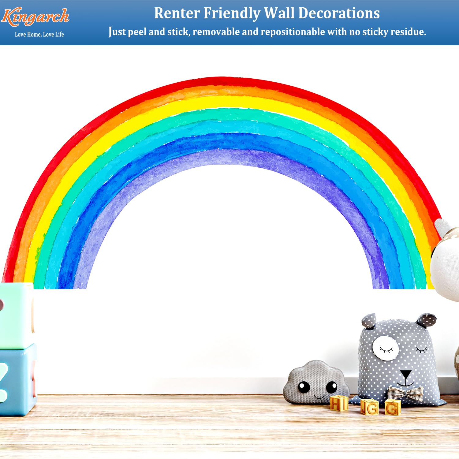 Rainbow wall decal by Kingarch mounted on wall in a kids room